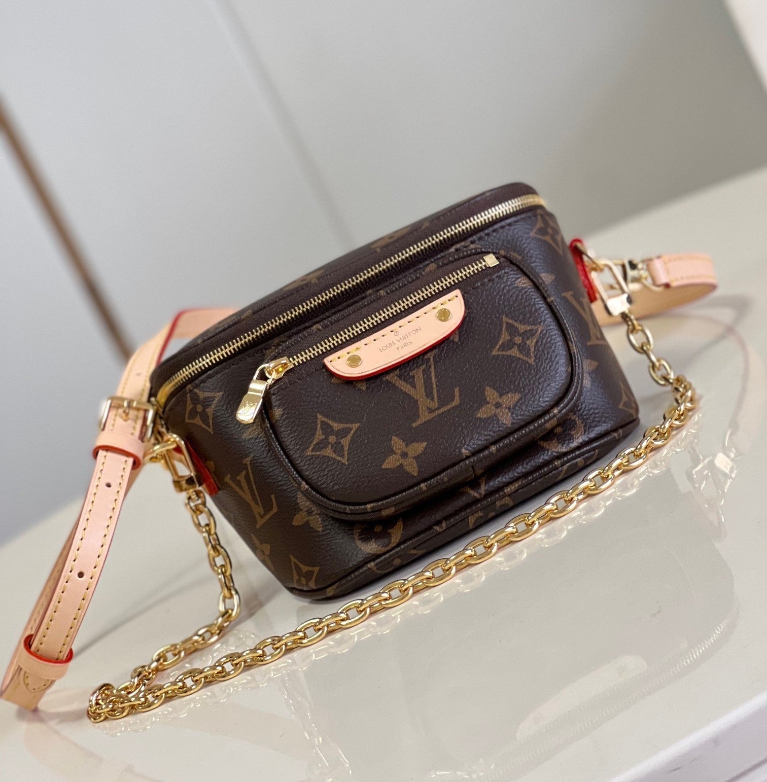 LV Mini Bumbag Monogram Canvas Crossbody Belt Bag with Chain Strap and Leather Trim (17 x 12 x 9.5) cm