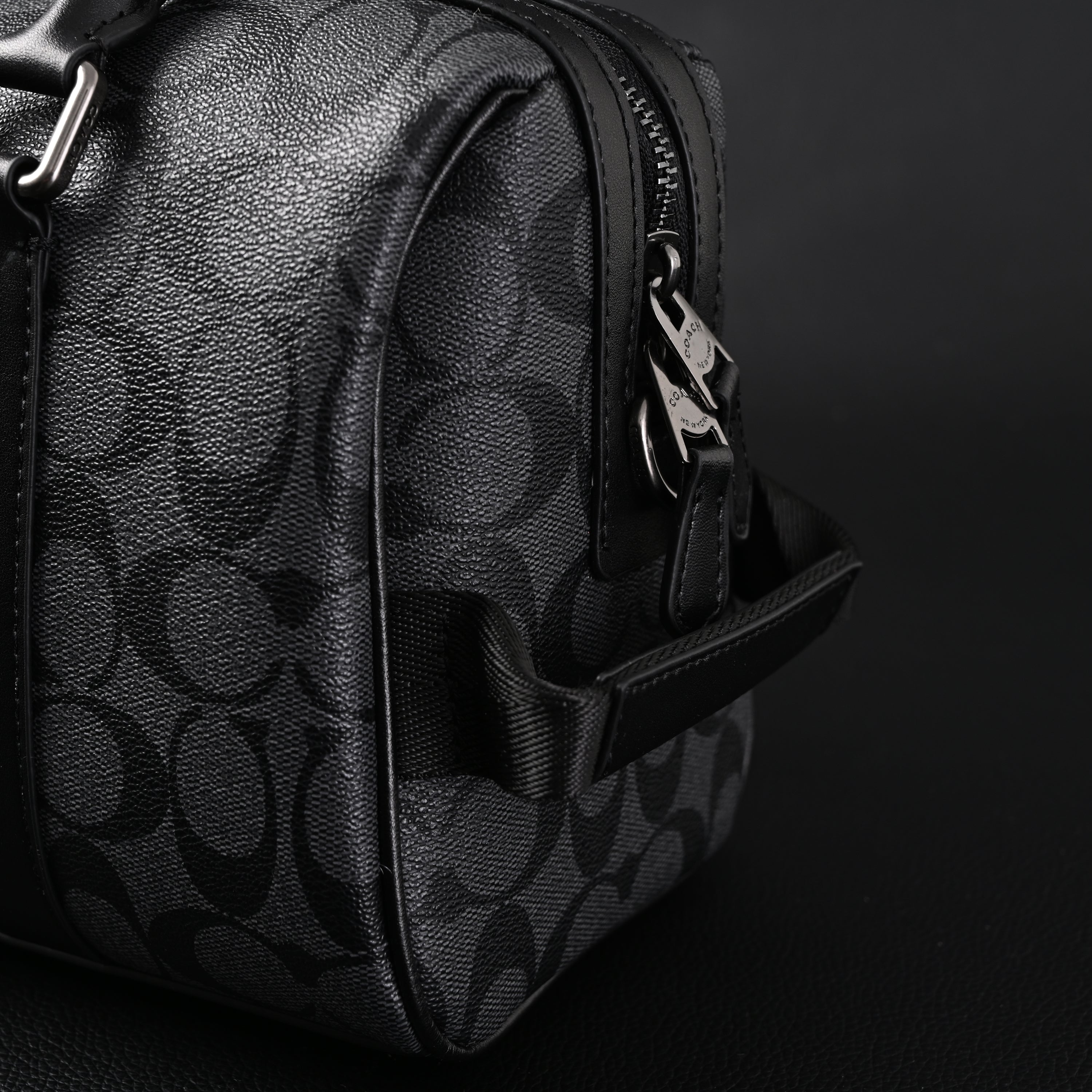 Coach Signature Duffel Bag – Black Monogram Canvas with Leather Trim